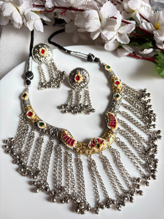 Ghunjan Ghungharu Kundan Fusion SLA Dualtone Hasli Necklace Set with Earrings | Alankrent Luxe
