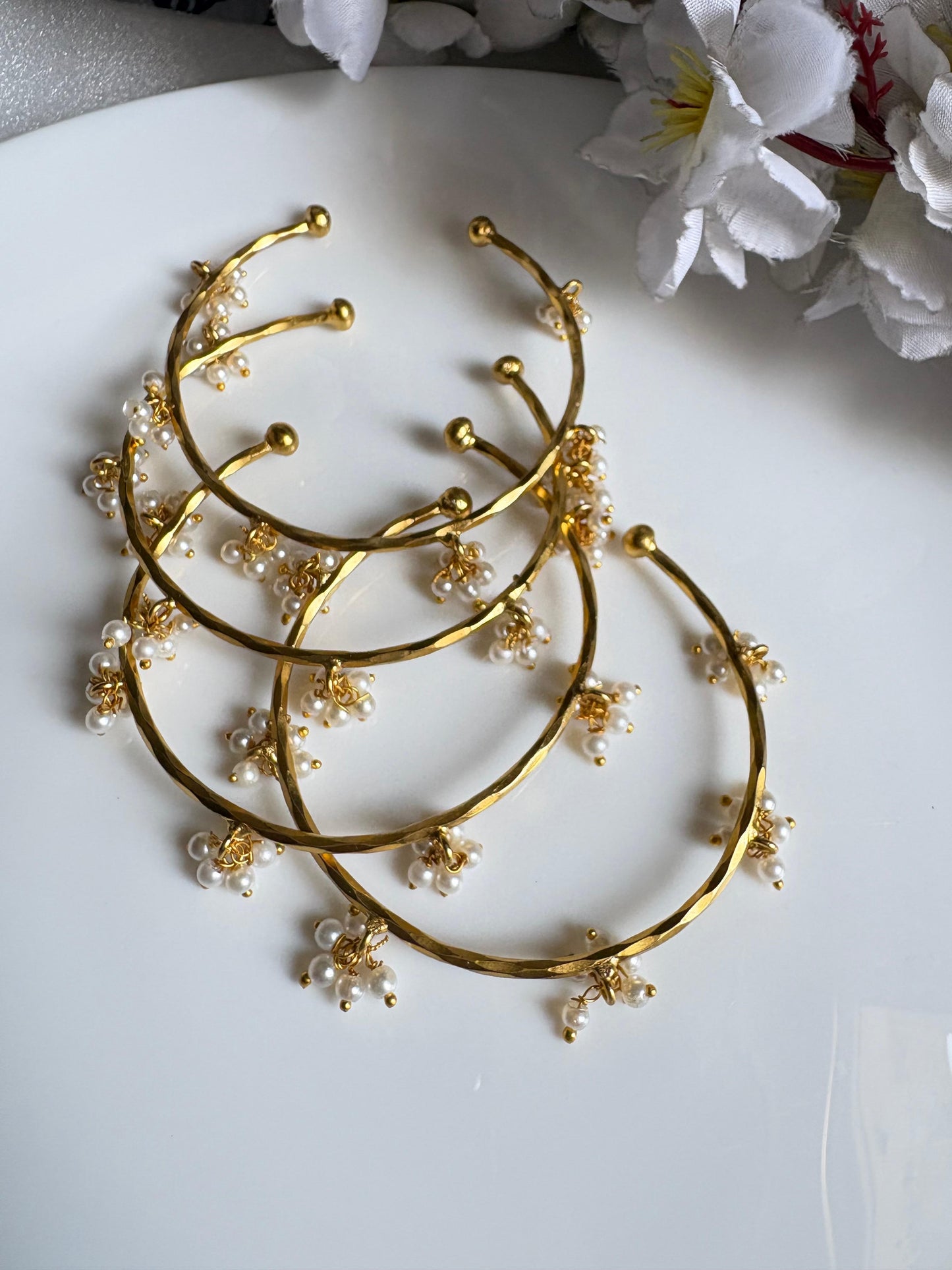 Pearl Blossom Golden Bangles Set | Adjustable Pearl Charm Bangles for Women (Set of 4)