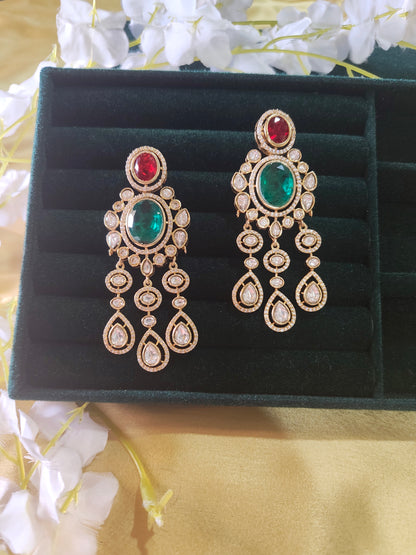 Aabira Polki Kundan Emerald Ruby Statement Drop Earrings Bridal Wedding Jewellery | Premium Indian Jewellery
