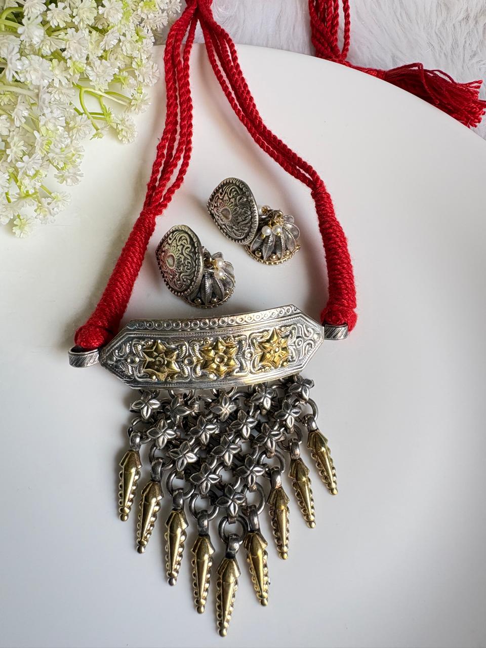 Rajsi Tarang Premium Dualtone Handmade SLA Thread Hasli with Statement Earrings | Navratri Jewellery