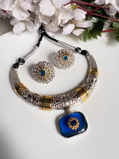 Ratnarekha Dual Tone Thread Hasli Choker Necklace Set with Earrings | Antique Silver & Gold Thread Hasli Jewellery