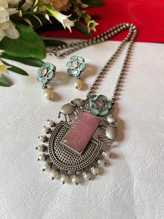 Silver Lookalike Necklace - Elephant Monalisa Stone with earrings - Alankrent Luxe