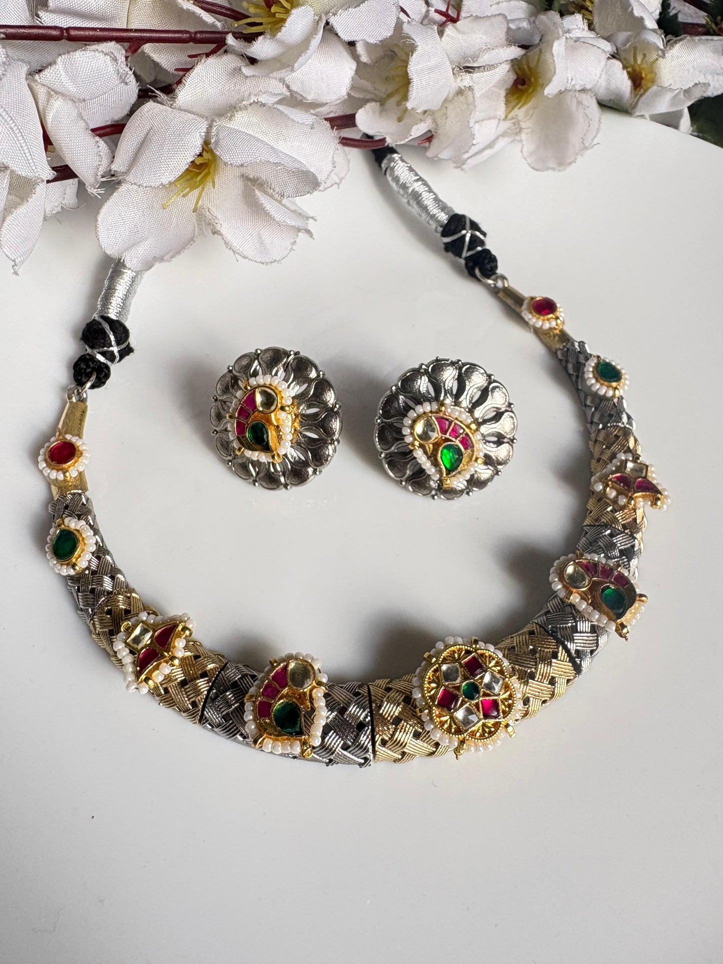 Rajwadi Veena Dual Tone SLA Hasli Necklace Set | Premium Kundan Fusion Hasli with Earrin