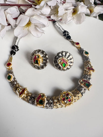 Rajwadi Veena Dual Tone SLA Hasli Necklace Set | Premium Kundan Fusion Hasli with Earrin
