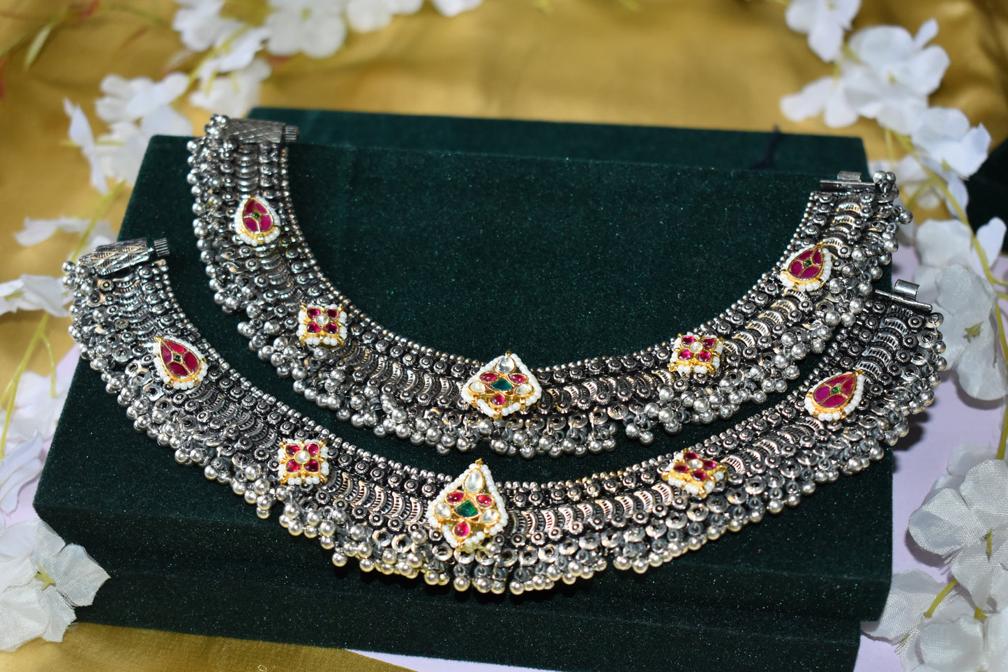 Anvitha Handcrafted Oxidised Heavy Kundan Payal with Pearl Ghungroo Detailing Traditional Bridal Anklet German Silver Statement Jewellery | Premium Indian Jewellery