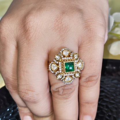 Tishaya Polki Moissanite Ring with CZ Diamonds Green Stone Adjustable Ring  | Moissanite Jewellery India | Premium Indian Jewellery