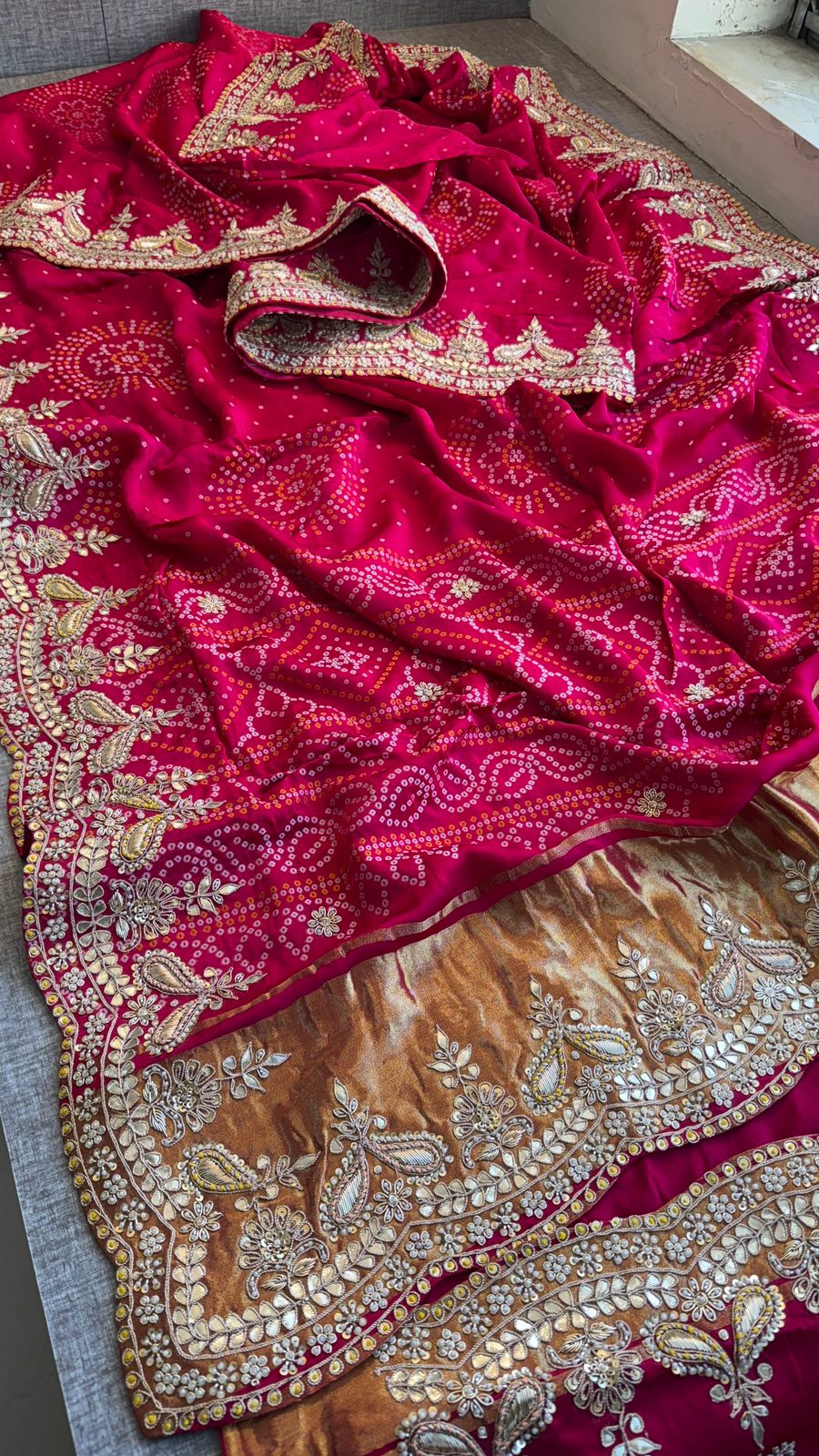 Luxury Gajji Silk Bandhani Saree with Zardozi & Gotapatti Work – Designer Bridal Saree