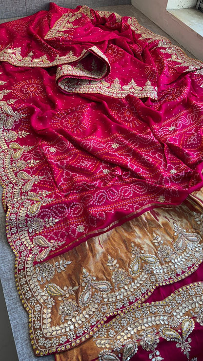 Luxury Gajji Silk Bandhani Saree with Zardozi & Gotapatti Work – Designer Bridal Saree