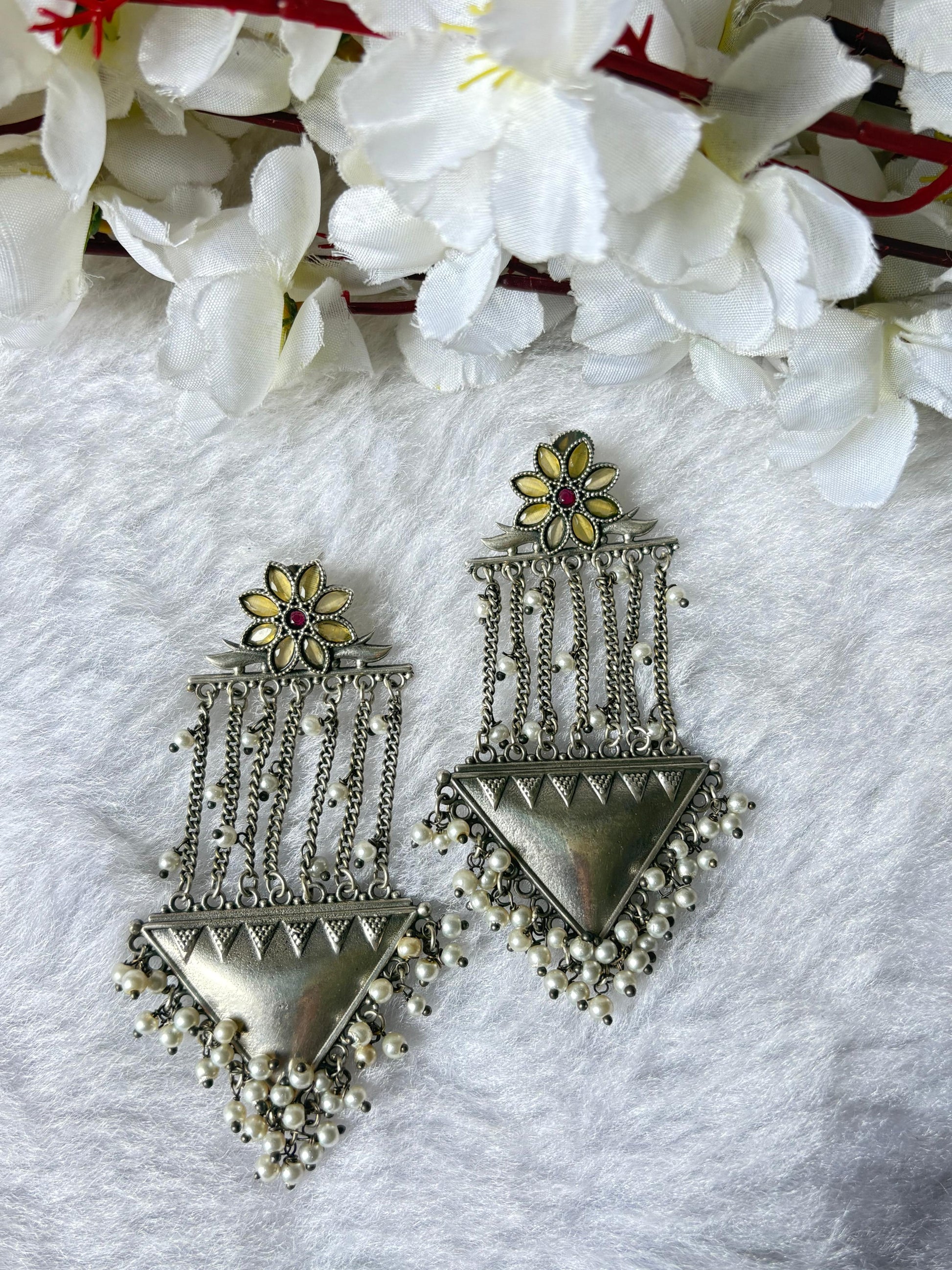 Silver Look Alike Long Tribal Earrings With Pearl Fringe Brass Base Oxidised Finish Alankrent Ak Lte - Alankrent Luxe