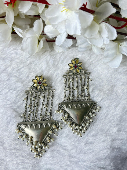 Silver Look Alike Long Tribal Earrings With Pearl Fringe Brass Base Oxidised Finish Alankrent Ak Lte - Alankrent Luxe