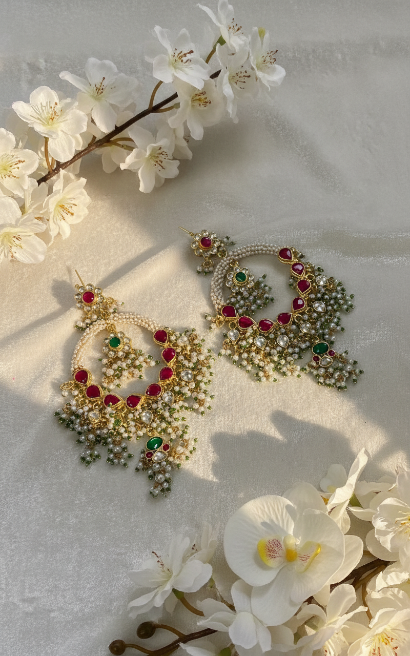 Rani Pink & Emerald Kundan Chandbali | Handcrafted Pearl Cluster Bridal Earrings for Grand Indian Weddings
