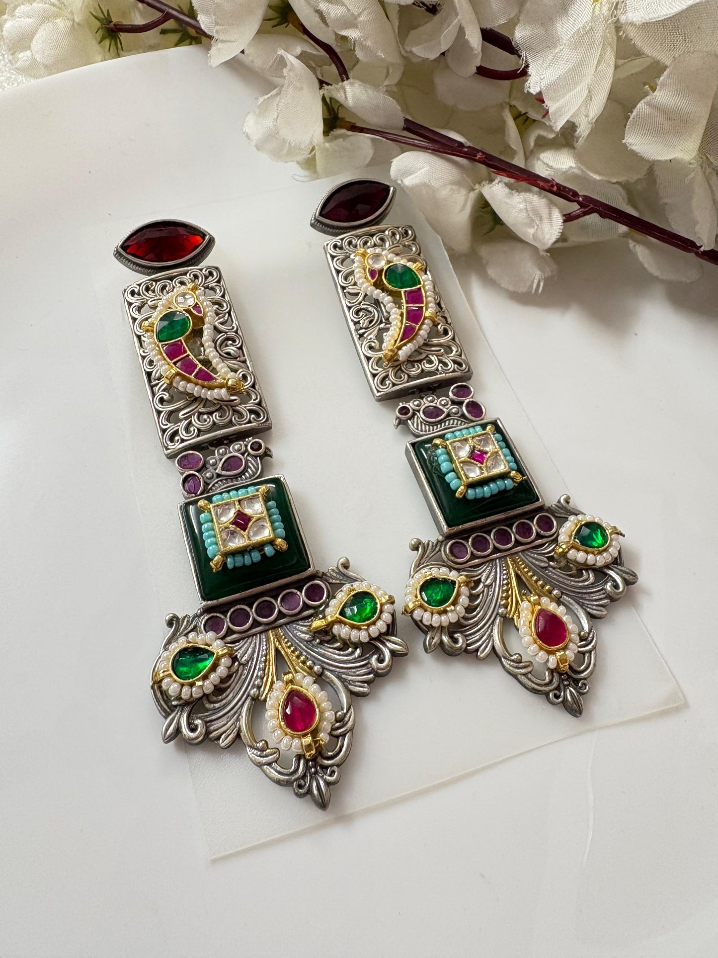 Long Antique Kundan Dangler Earrings for Women