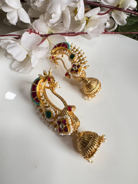 Temple Peacock Kundan Ear Cuffs with Gold Polish & Engraved Jhumka | Bridal Statement Earrings | Alankrent Luxe