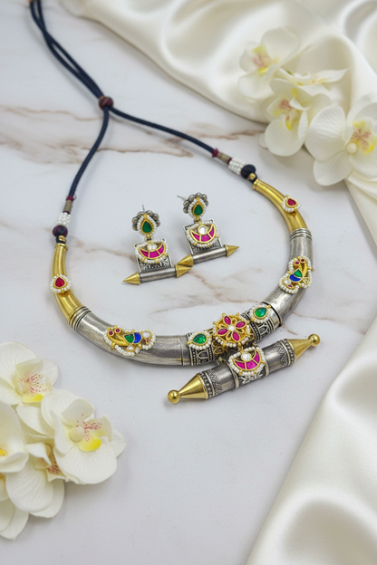 Royal Pachi Kundan Fusion Dual Tone Hasli Necklace Set with Earrings | German Silver Designer Hasli