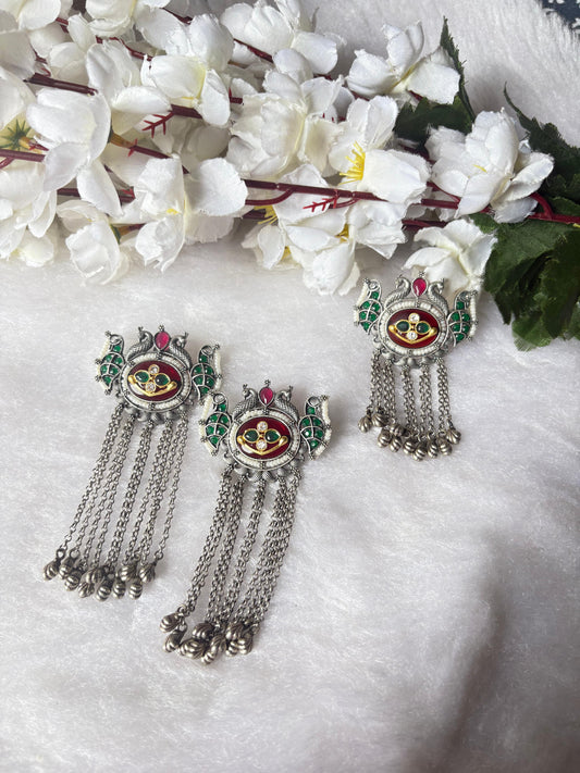 Mayur Varnika Dual Tone SLA Peacock Ring & Statement Earrings Combo | Temple Inspired Oxidised Silver Jewellery | Alankrent