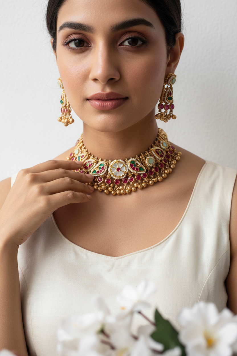 Ravisha Gold Matt Kundan Fusion Necklace Set Online | Ruby Stone Ethnic Jewellery with Earrings