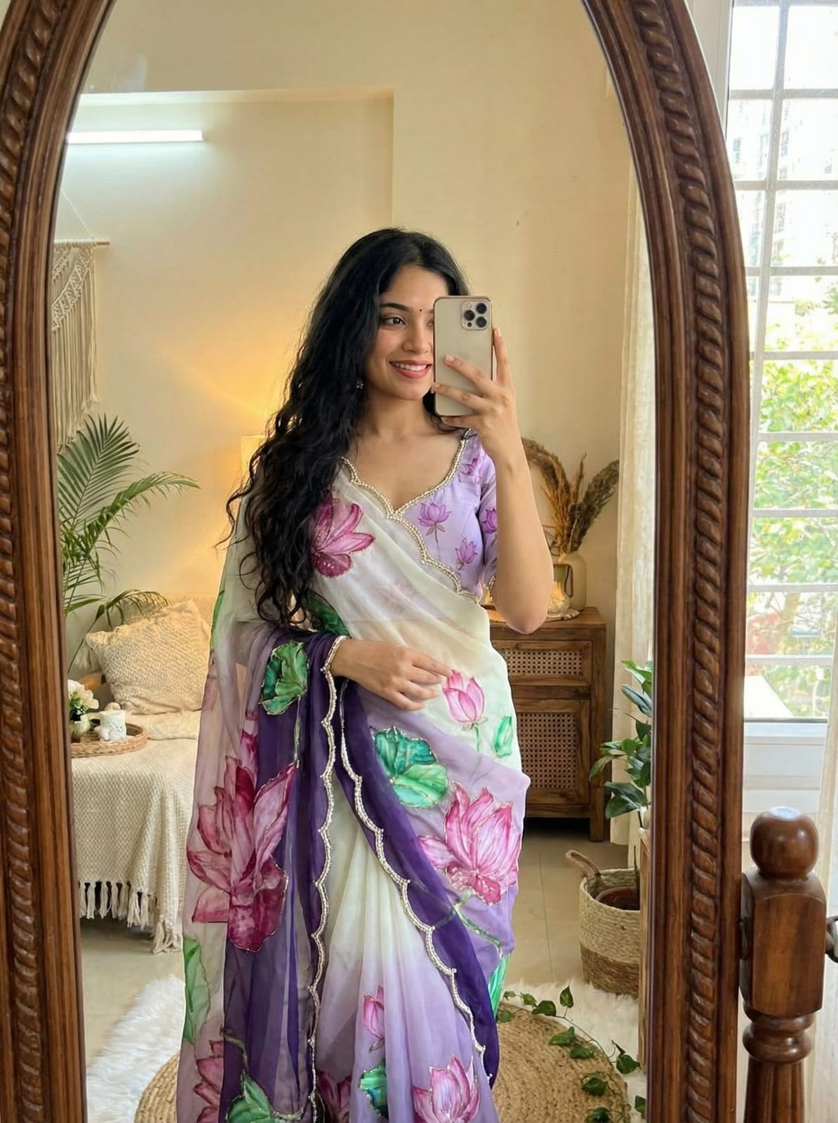 Luxury Silk Saree with Digital Floral Print & Cutdana Moti Border | Luxury Saree