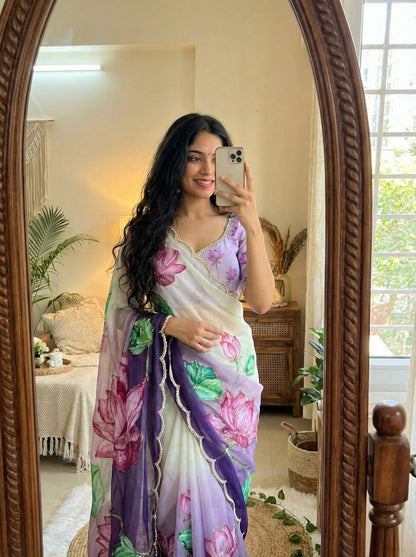 Luxury Silk Saree with Digital Floral Print & Cutdana Moti Border | Luxury Saree