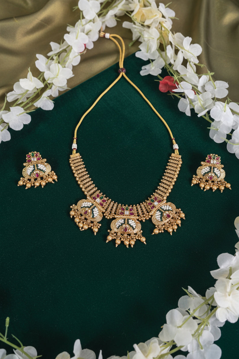 Rajvanshi Gold Lookalike Rajwadi Heritage Necklace Set with Temple Motif & Matching Earrings | Traditional Bridal Jewellery