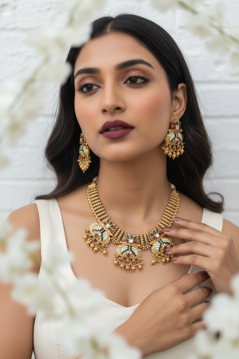 Rajvanshi Gold Lookalike Rajwadi Heritage Necklace Set with Temple Motif & Matching Earrings | Traditional Bridal Jewellery