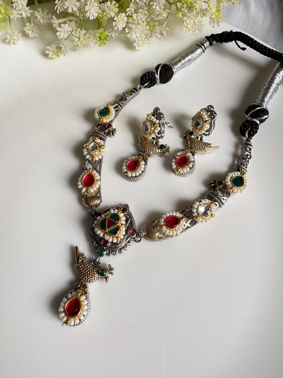 Eshvika Kundan Fusion Thread Necklace Set with Earrings | Dual Tone SLA Jewellery