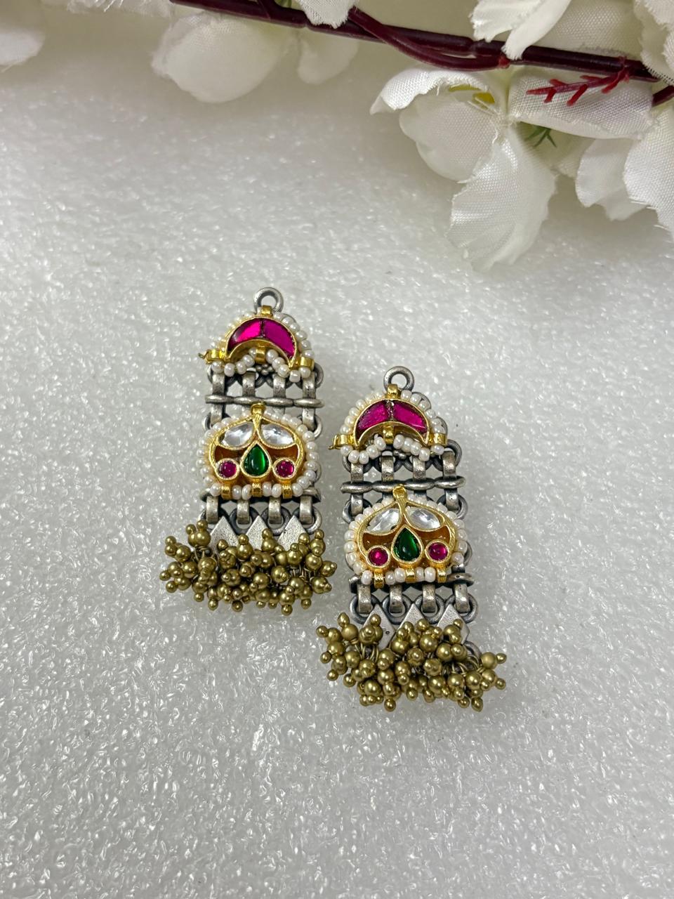 Dual-Tone Kundan and Silver Earrings with Ghungroo