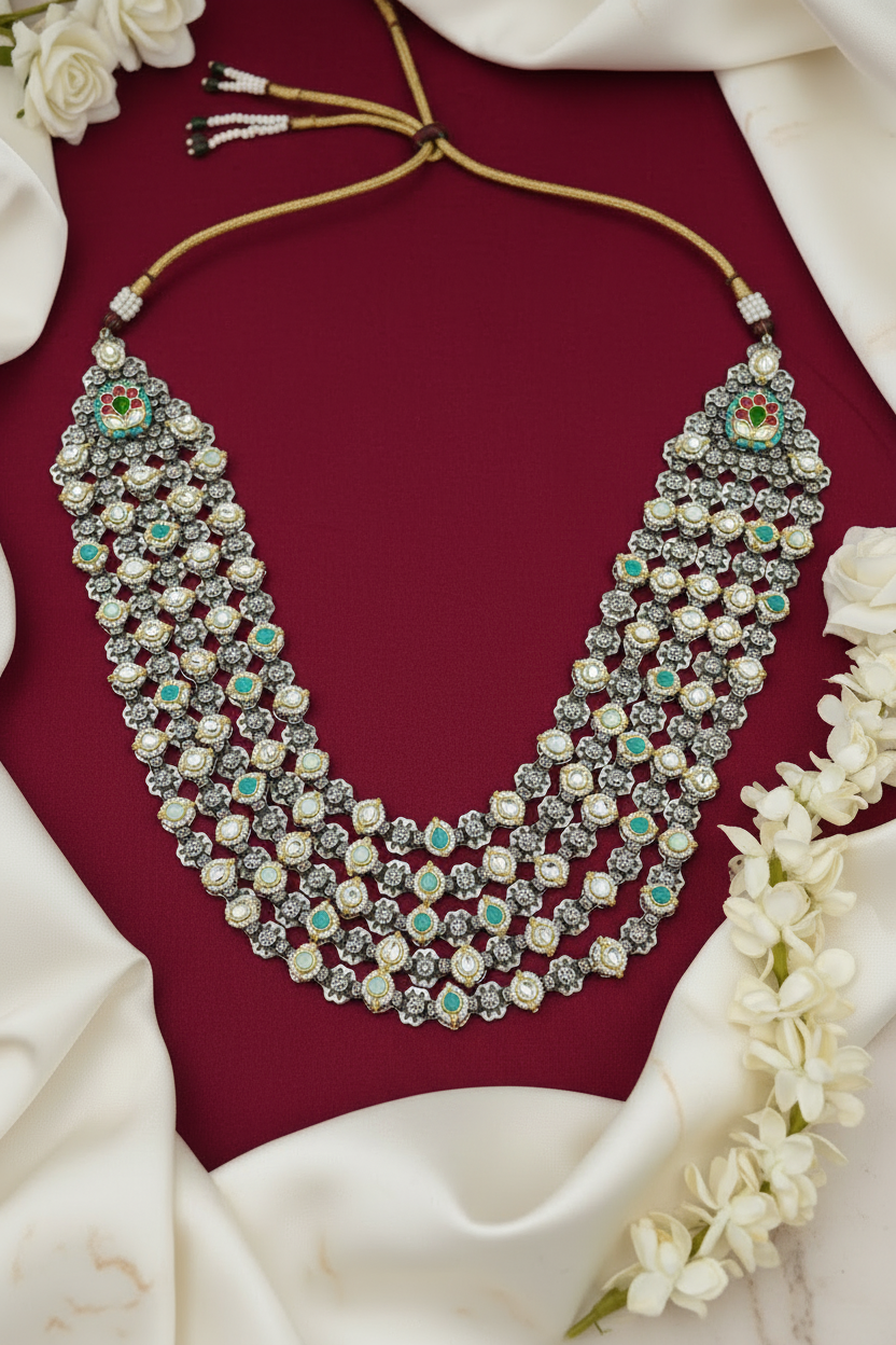 Ratnamala Panchratna Layered Necklace | German Silver Pachi Kundan Fusion Statement Necklace | Heritage Indian Jewellery | Alankrent Luxe