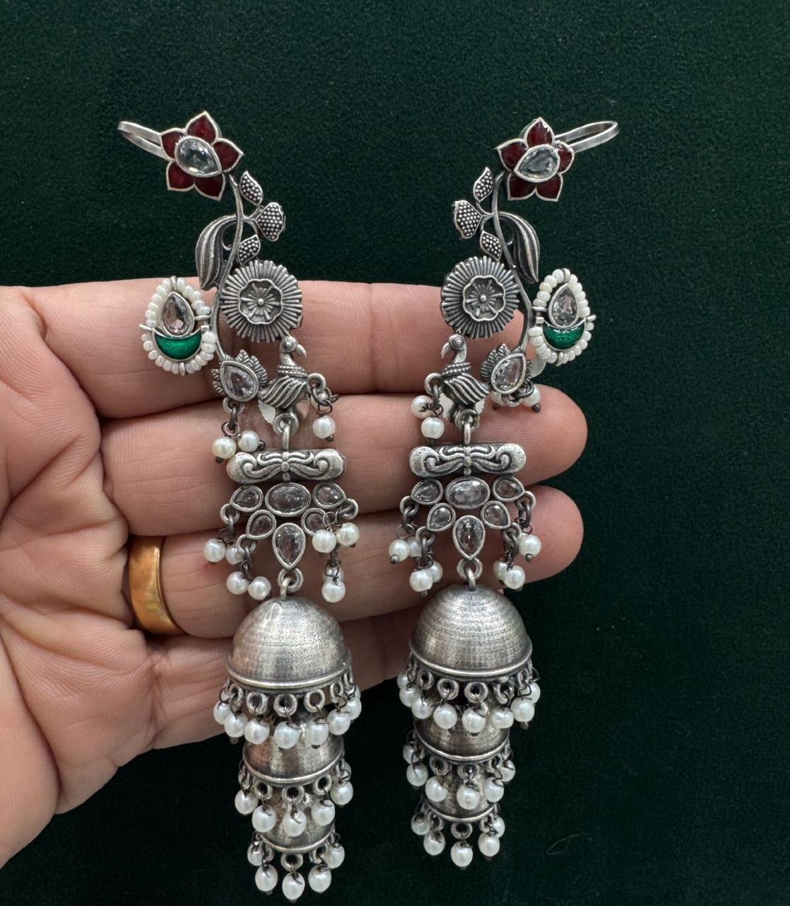 Adira Floral Earcuff Jhumkas in German Silver | Pacchi Kundan & Pearl Earrings