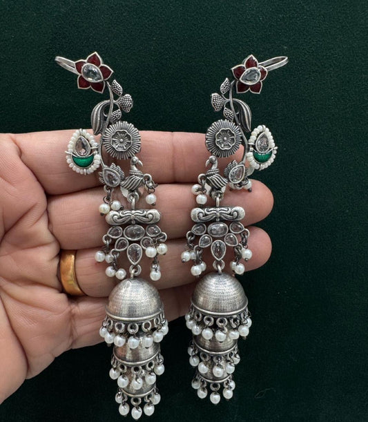 Adira Floral Earcuff Jhumkas in German Silver | Pacchi Kundan & Pearl Earrings