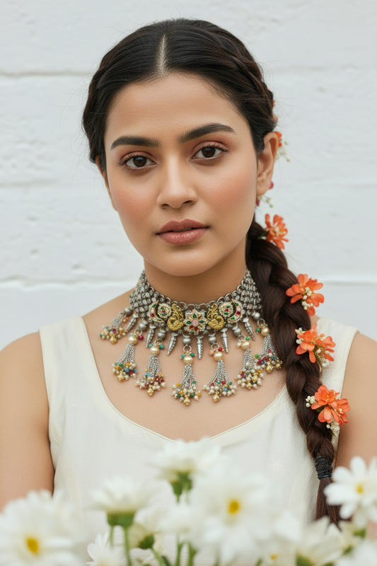 Mayurjaal German Silver Peacock Choker Necklace – Premium Kundan Fusion Statement Choker with Chain Tassels & Multicolour Beads