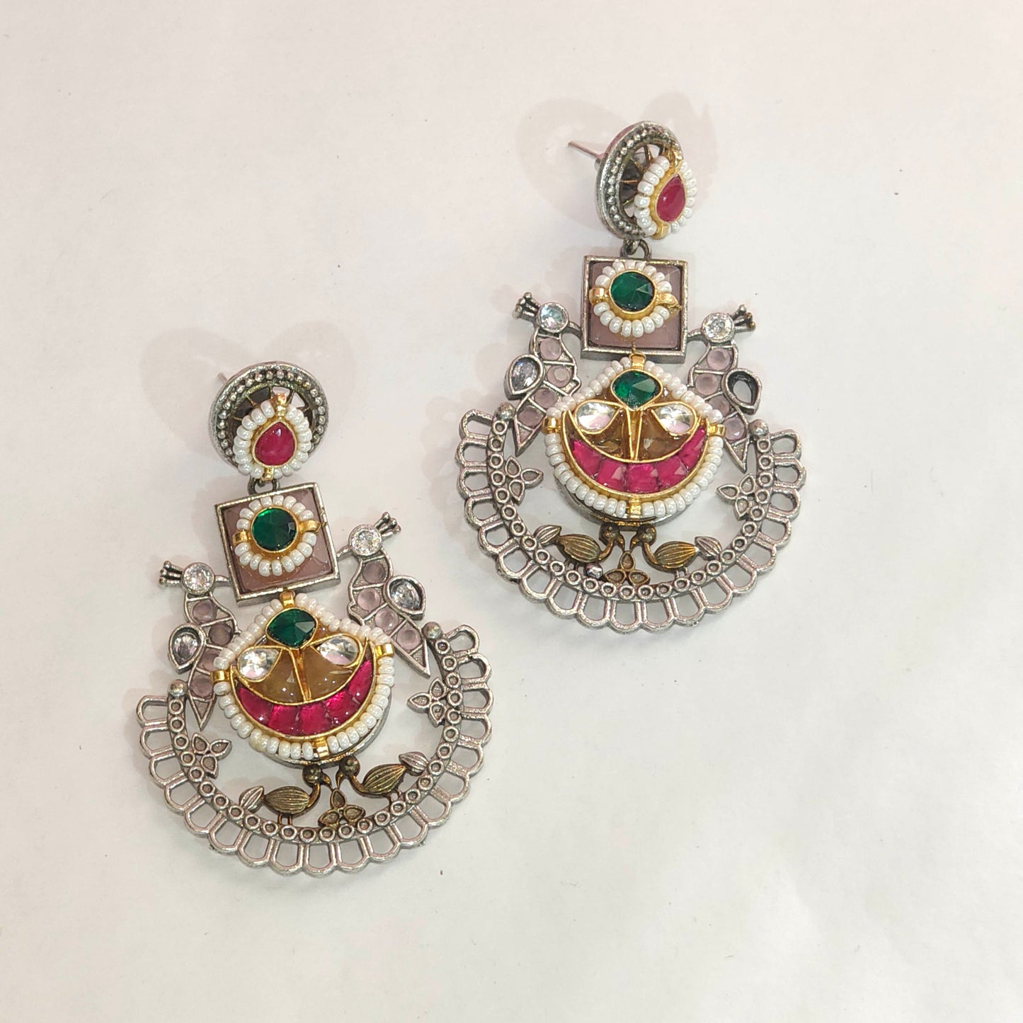Peacock Royal Pacchi Kundan Fusion Earrings in German Silver | Alankrent Luxe