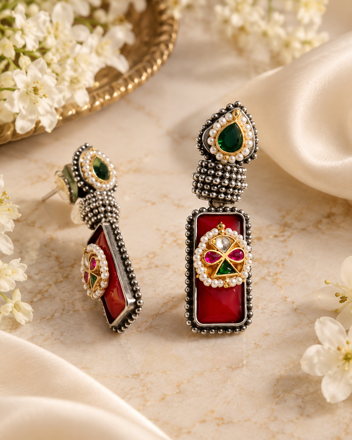 Rangrez Kundan Earrings | Turquoise, Green & Red Stone Earrings