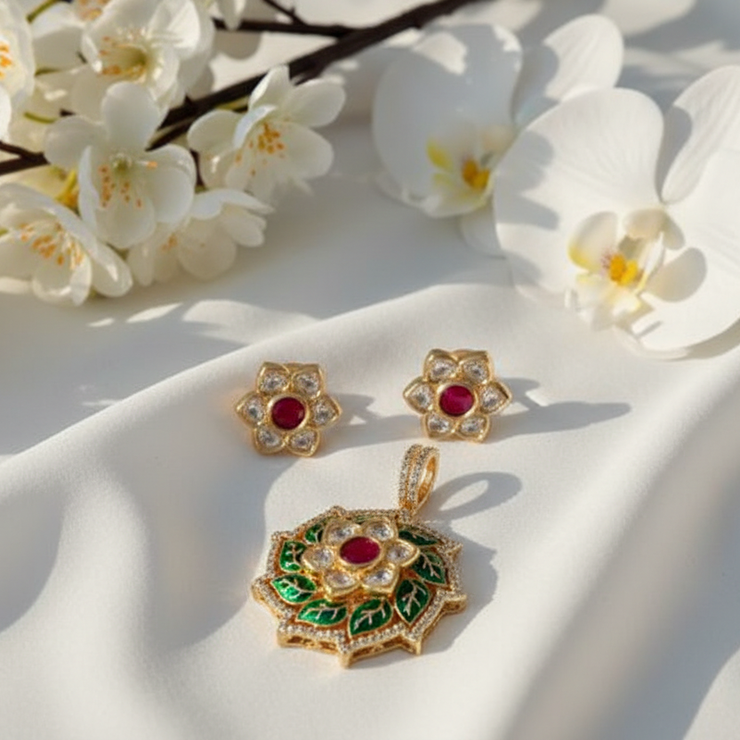 Original Moissanite Kundan Pendant Set | Luxury Without Chain | Alankrent DS391