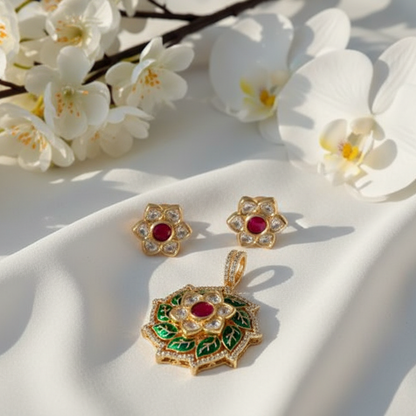 Original Moissanite Kundan Pendant Set | Luxury Without Chain | Alankrent DS391