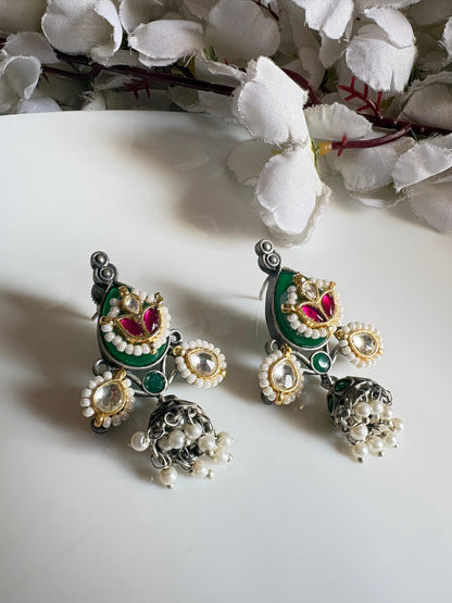 Dual-Tone Kundan Fusion Jhumka Earrings with Pearl Drops (Blue/Red/Green) | Alankrent - Alankrent Luxe