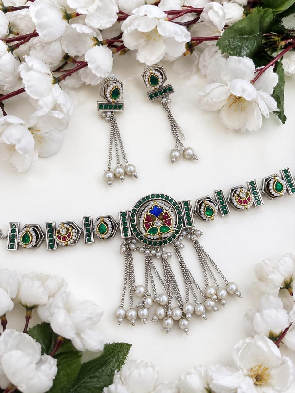 Aaradhya Kundan Fusion Necklace with Pearl Tassels & Earrings | Navratri Jewellery