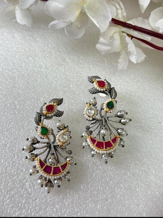 Kundan Pearl Fusion Chandbali Earrings Antique Silver Finish Budget Premium Collection by Alankrent