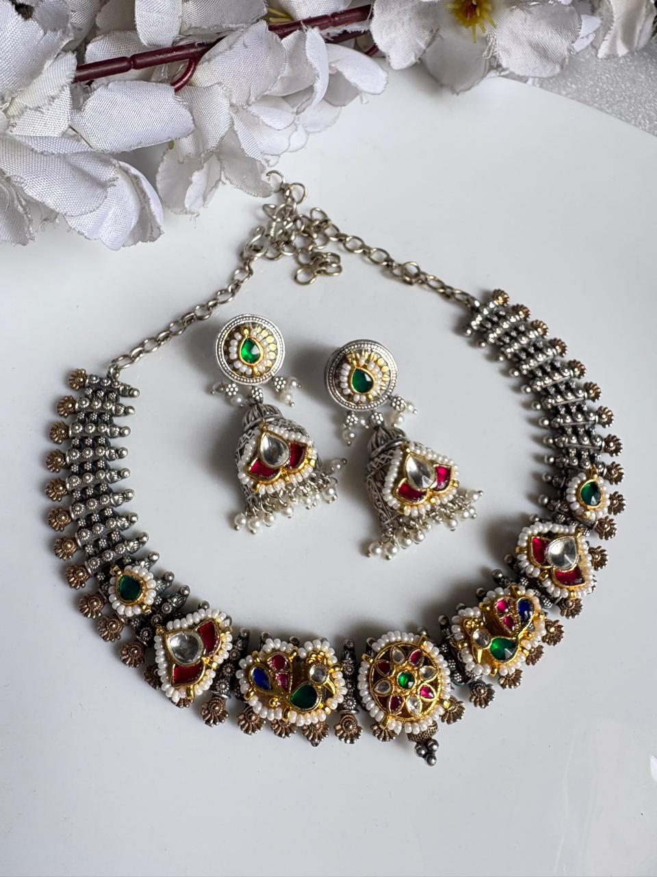 Madhubani Noor Dual Tone Kundan Fusion Choker Set | Premium SLA Necklace with Jhumka Earrings