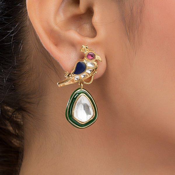 Parrot Motif Kundan Drop Earrings | Handcrafted Polki Statement Earrings with Multi-Color Enamel for Wedding & Festive Luxury