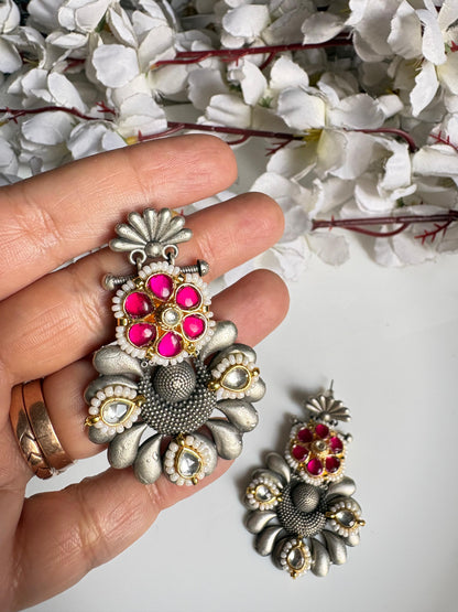 Ruhani Antique Silver Kundan Statement Earrings | Dual Tone Floral Ethnic Earrings