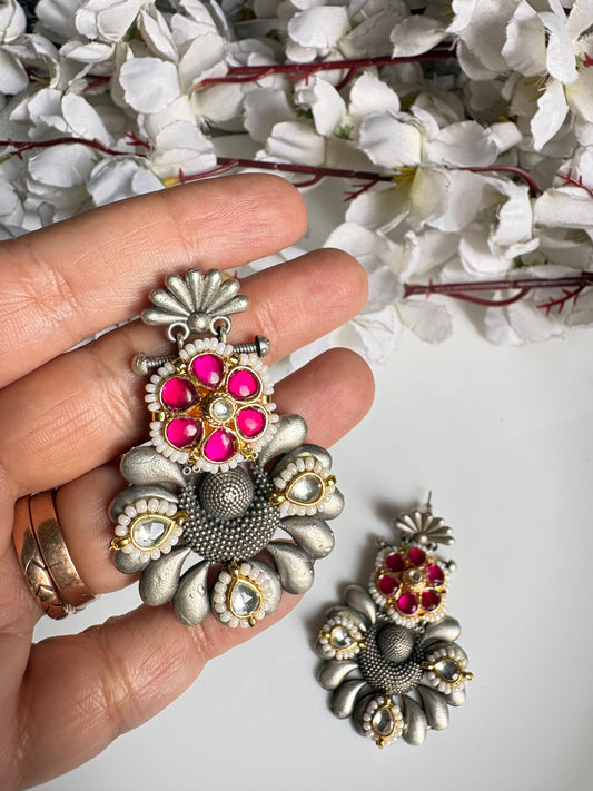 Ruhani Antique Silver Kundan Statement Earrings | Dual Tone Floral Ethnic Earrings