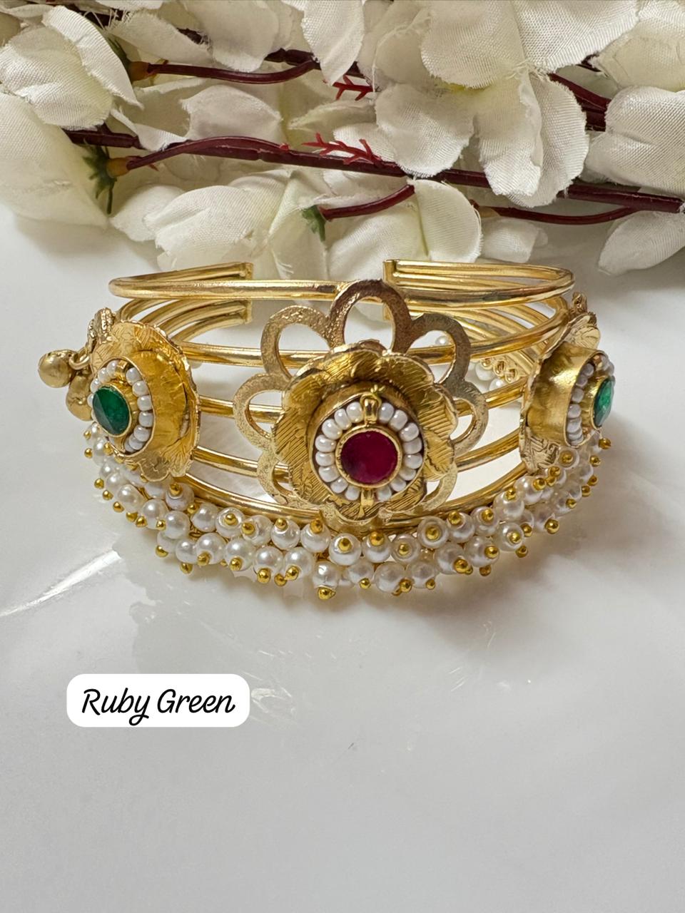 Traditional Antique Gold Tone Floral Kada/Handcuff with Pearl Danglers