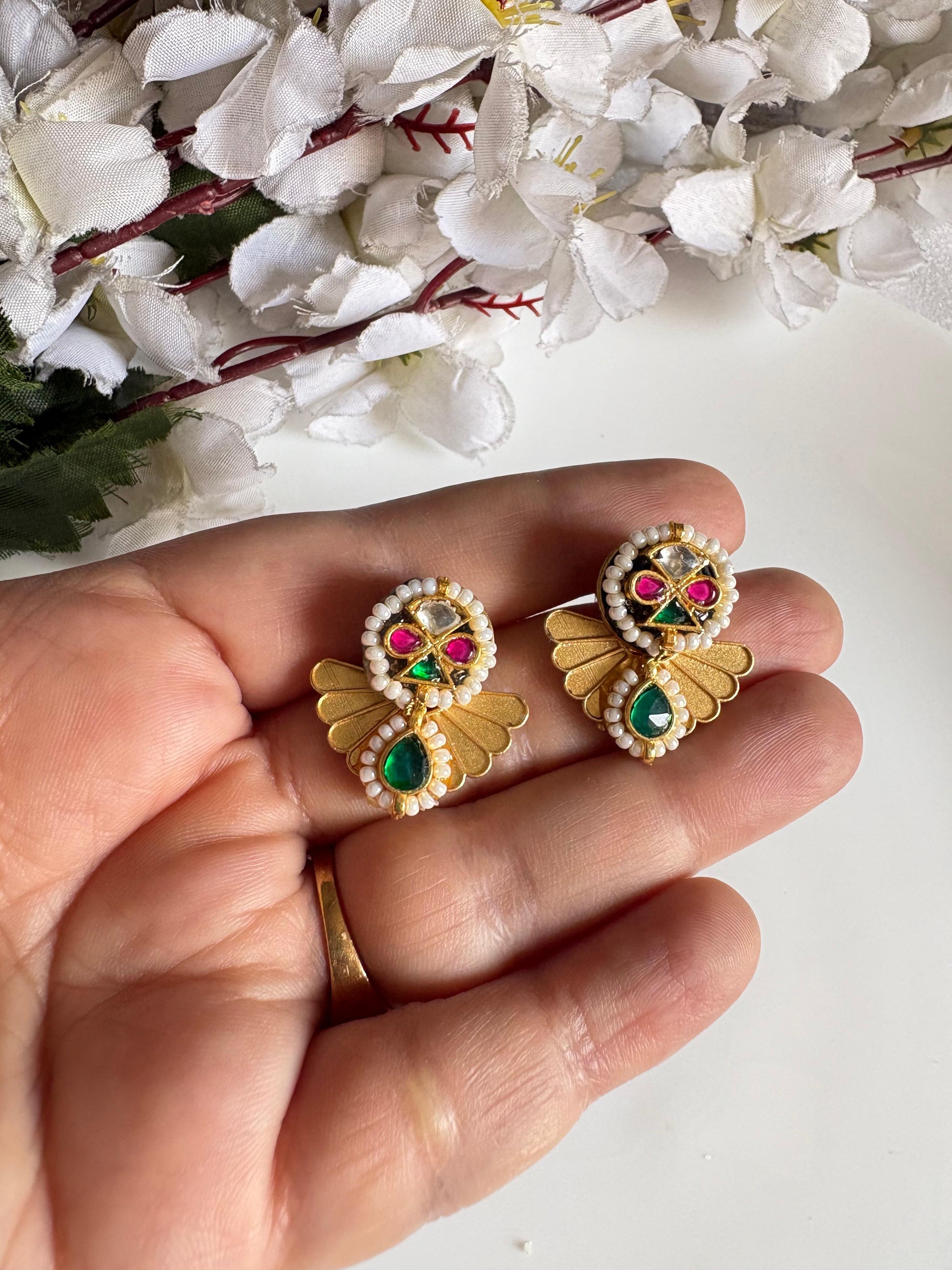 Kanika Apala Gold Matt Polish Kundan Earrings with Pearl Detailing & Emerald Drop | Budget Friendly Ethnic Jewellery | Alankrent by Alankrent