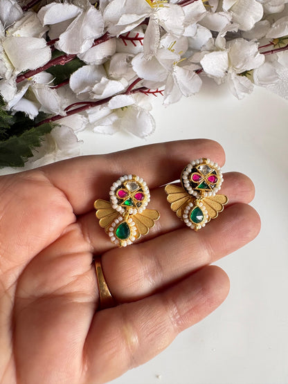Kanika Apala Gold Matt Polish Kundan Earrings with Pearl Detailing & Emerald Drop | Budget Friendly Ethnic Jewellery | Alankrent by Alankrent