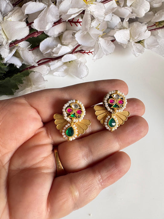 Kanika Apala Gold Matt Polish Kundan Earrings with Pearl Detailing & Emerald Drop | Budget Friendly Ethnic Jewellery | Alankrent