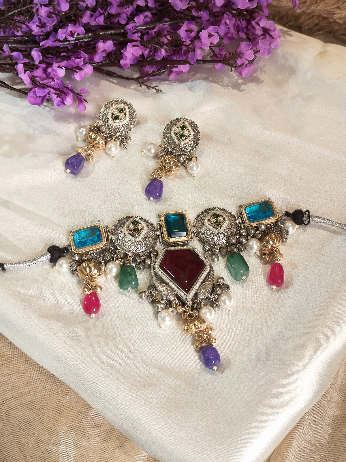 Rajlaxmi Multicolour Fusion Statement Choker Necklace with Pearl Drops