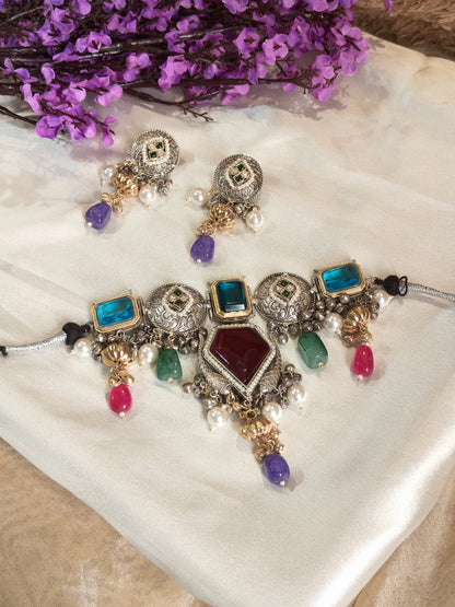 Rajlaxmi Multicolour Fusion Statement Choker Necklace with Pearl Drops