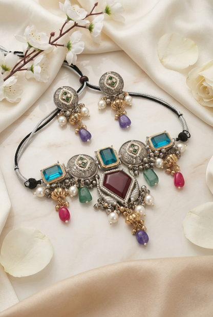 Rajlaxmi Multicolour Fusion Statement Choker Necklace with Pearl Drops
