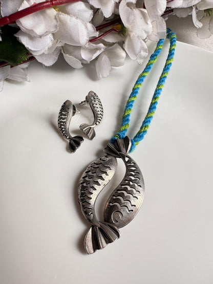 Matsyamala SLA Fish Pendant Set with Earrings | Antique Silver Fish Pendant Necklace with Colourful Thread Cord