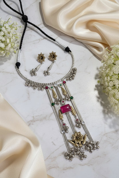 Aarohi Tie Hasli Necklace with Gungharu & Zirconia Detailing – Traditional Indian Jewellery